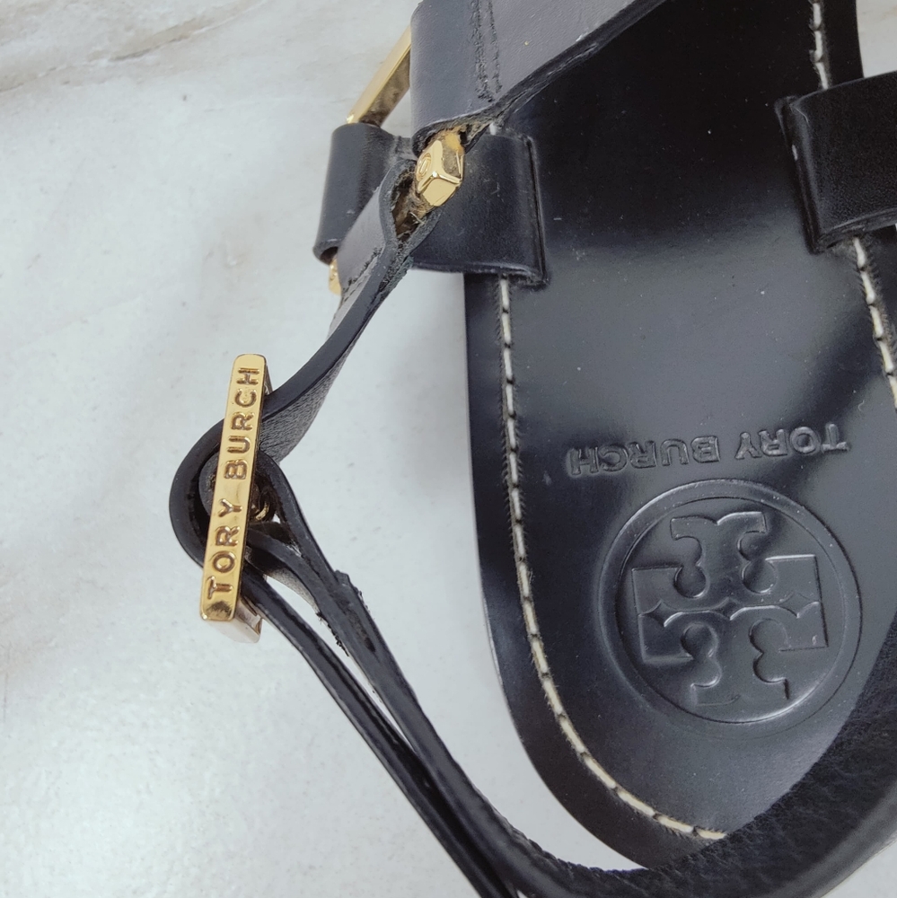 EUC Tory Burch Black Perforated Leather Logo Thong Sandals, Sz 7 - Picture 8 of 9
